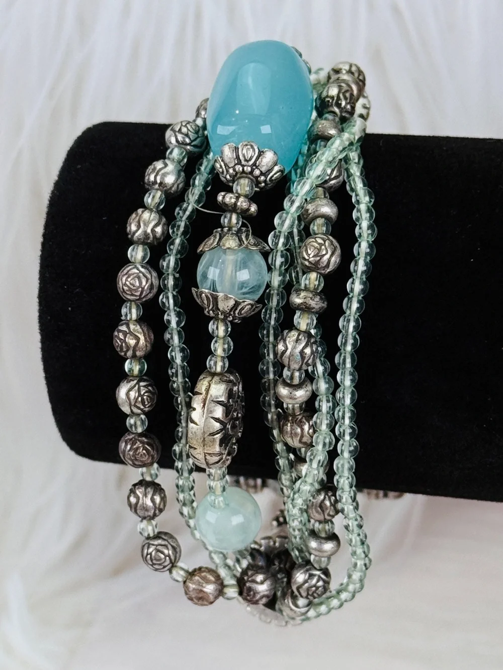 Bohemian Chic Multi-Strand Mint Bead and Silvertone Toggle Bracelet